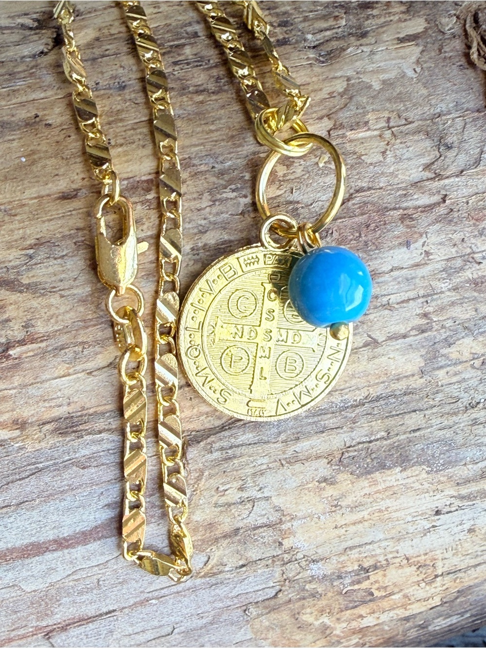 Sleeping beauty turquoise 18k Gold plated stamp Medal Pendant Necklace